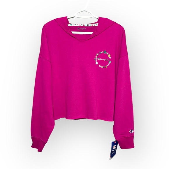 🎄🎁Champion New Cropped Hoodie Floral Script Logo Dark Pink S - Picture 4 of 14